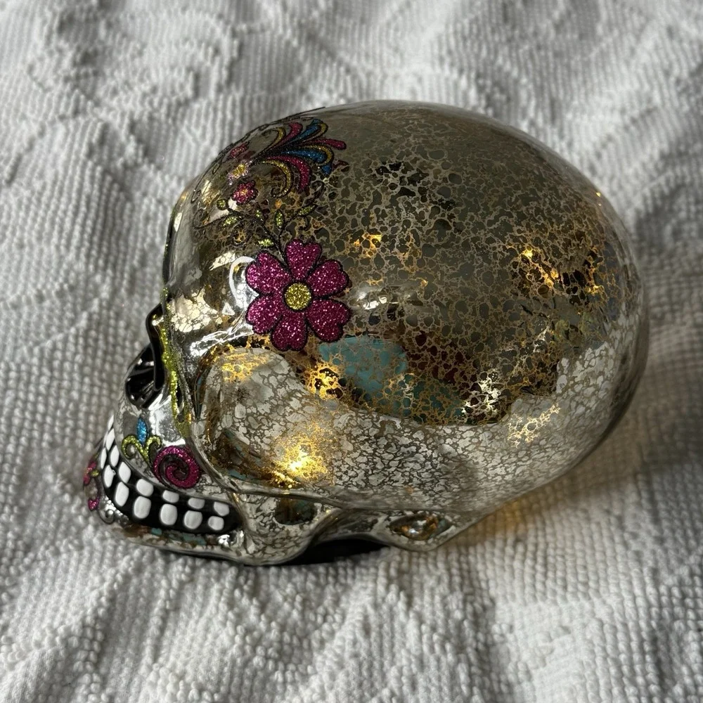 Mercury Glass Sugar Skull Light Up Gold Glitter Floral Dia de los Muertos 6in